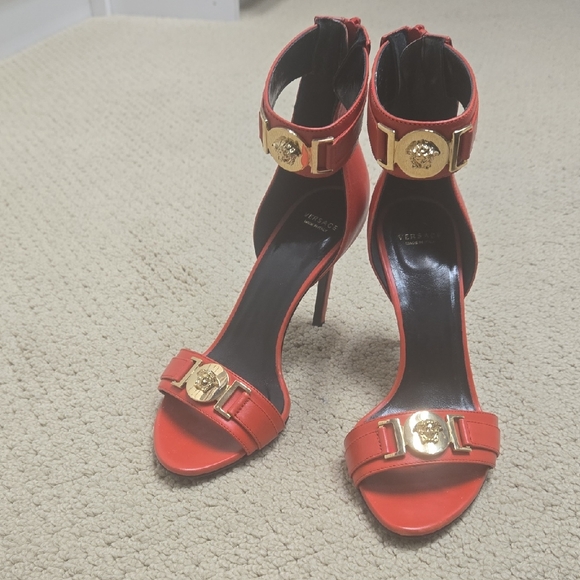 Versace Red and Gold Ankle Strap Heels - Picture 1 of 9